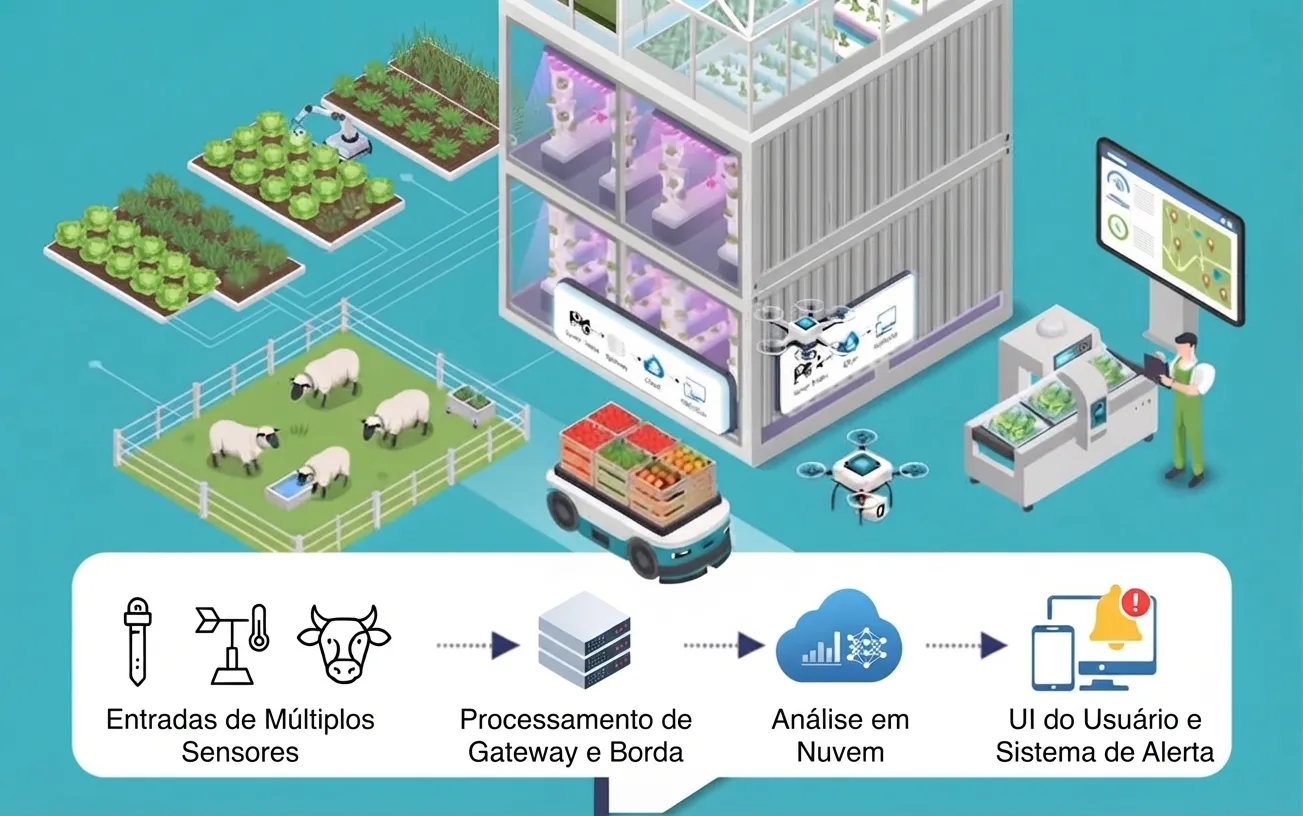 Arquitetura IoT no agro: sensores no campo, gateway, nuvem e aplicativo