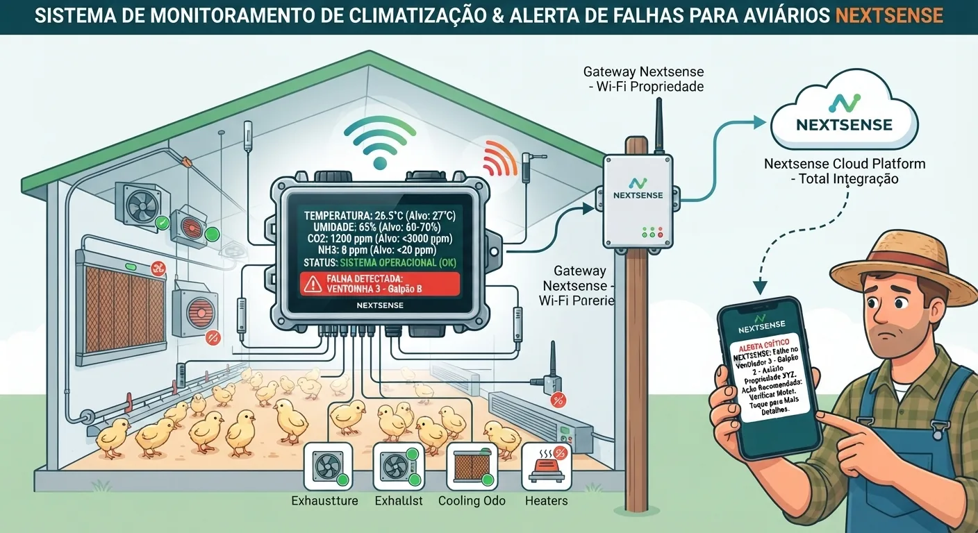 Sistema NextSense de monitoramento de climatização e alerta de falhas em aviários: sensores, gateway Wi-Fi, nuvem e alerta no celular