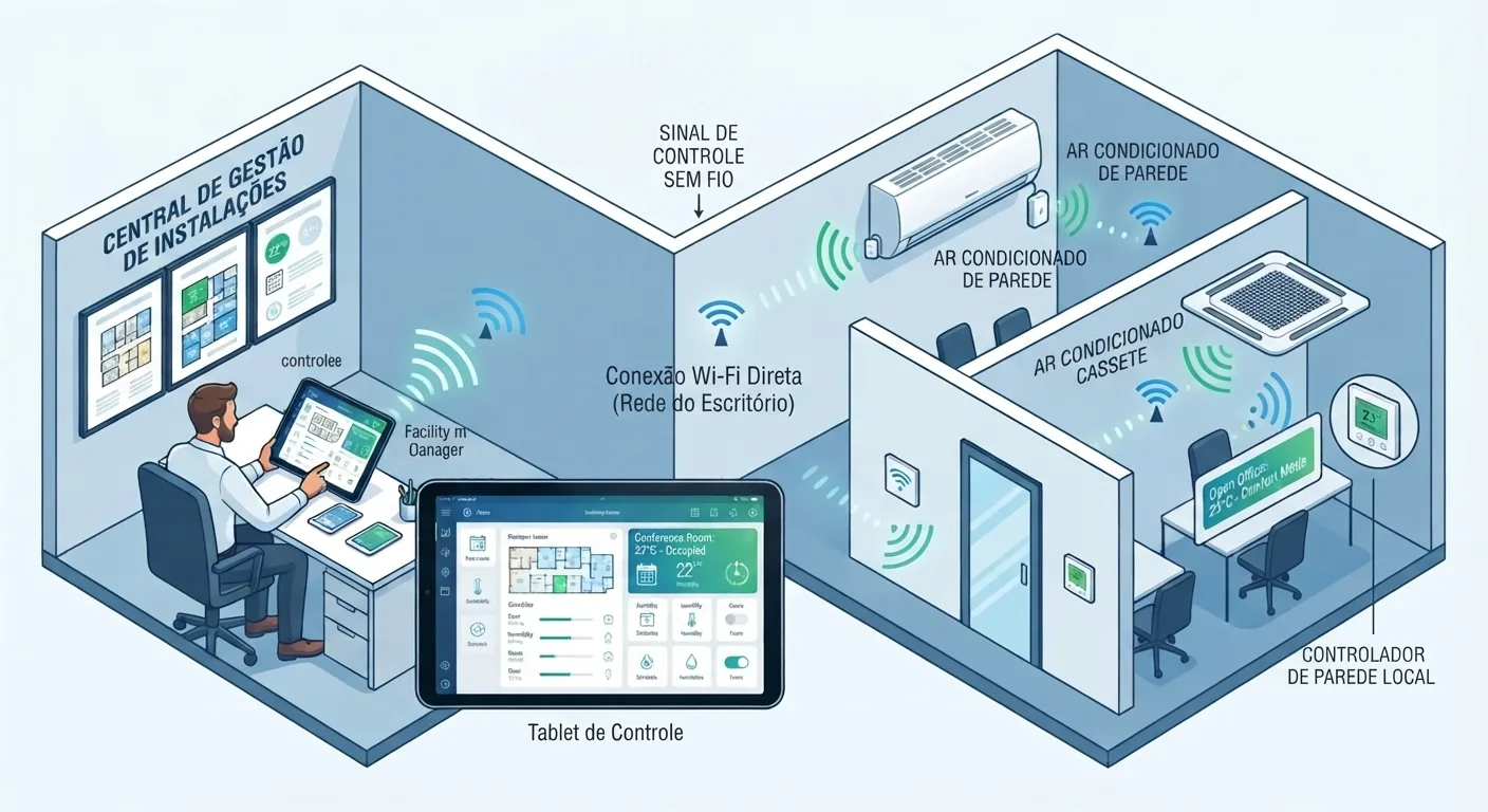 Clima Wi-Fi controlando ar-condicionado de parede e cassete por sinal sem fio, com tablet de gestão