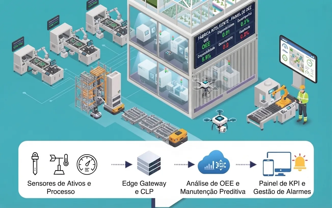 Arquitetura IoT na indústria: sensores, edge gateway e CLP, análise de OEE e painel de KPIs